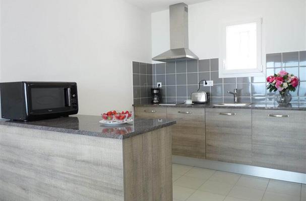 fully equiped kitchen with worktop with fridge, micowave oven, dish washer, coffee machine and toaser